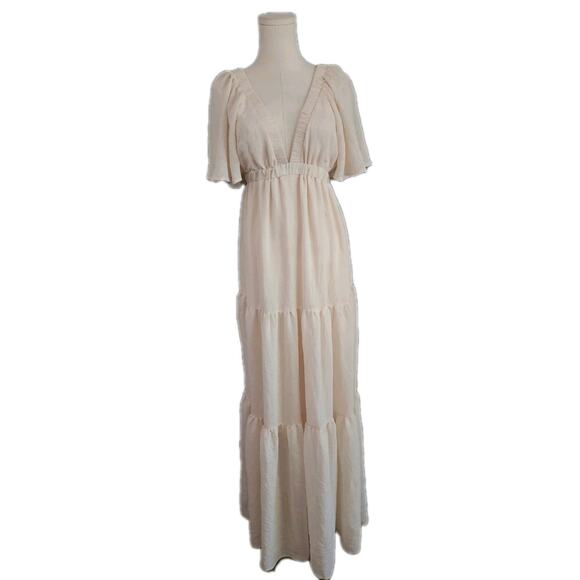 Flying Tomato Sweet Seduction Tiered Maxi Flutter Sleeve Plunging Dress XS Fairy - Picture 3 of 7